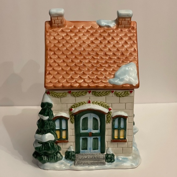 Pfaltzgraff Holiday House Cookie Jar 9.75” Ceramic Snow Cottage Christmas Decor - Picture 1 of 11
